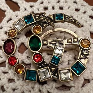Genuine Gucci Double Gg Brooch color Crystal Rhinestone Pin Signature Age